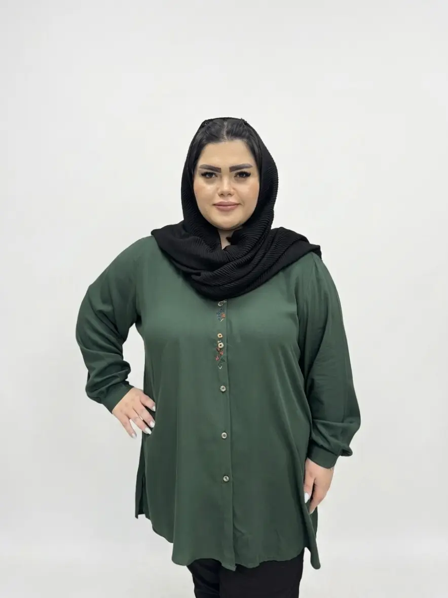 شومیز مانتویی سایز بزرگ زنانه نخی طرح گلدوزی خوشه ای